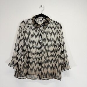 NICOLA Sheer Zig Zag Chevron Print Boho Whimsigoth Chiffon Ruffle Cuff Blouse L